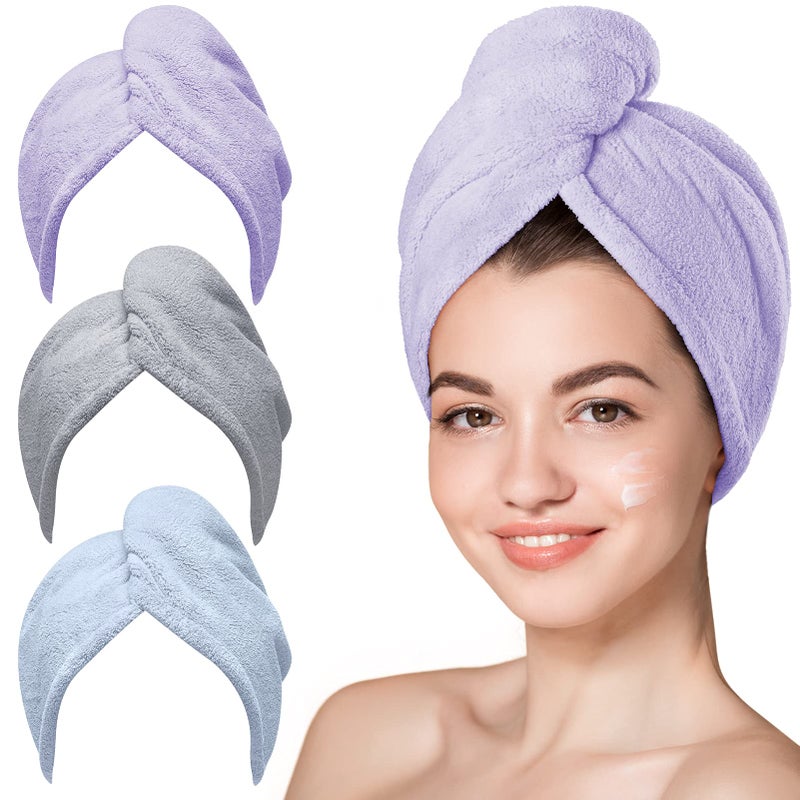 Hicober Microfiber Hair Towel  3 Packs Hair Turbans for Wet Hair  Drying Hair Wrap Towels for Curly Hair Women Anti Frizz(Purple  Blue  Grey) - Image 1